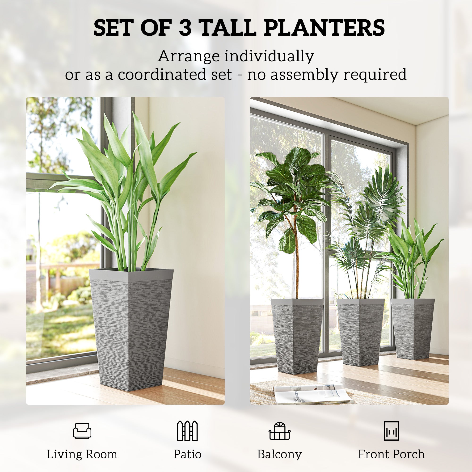 22.8 Inch Set of 3 Outdoor Planters with Stone Finish and Wheels, Stackable Tapered Planters with Drainage Hole