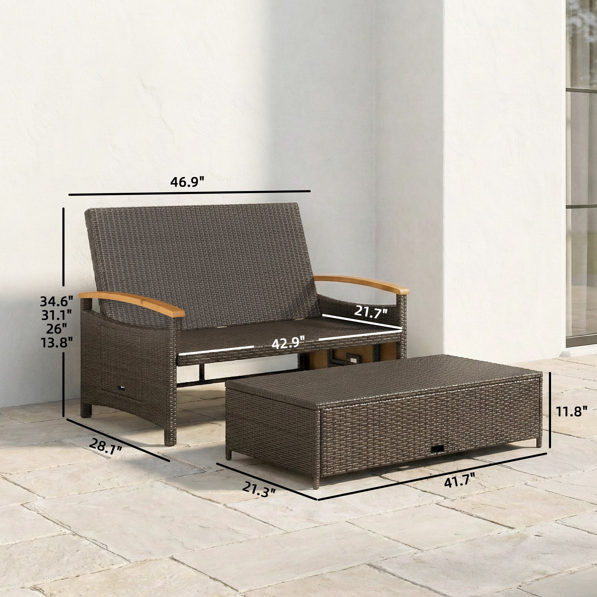 Rattan Outdoor Daybed w/4-Level Adjustable Backrest, Patio Sofa Bed w/Storage Ottoman, Acacia Wood Armrest