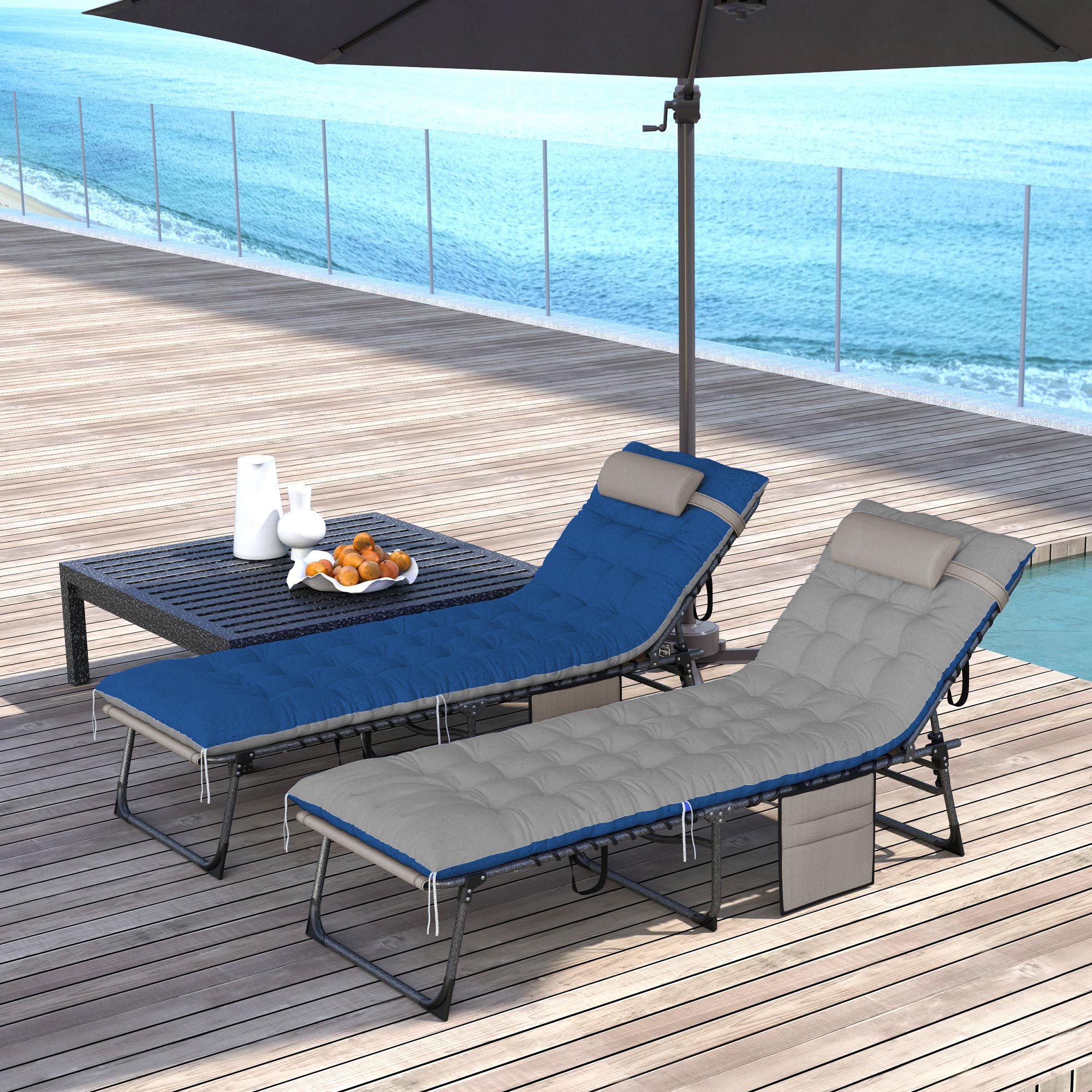 Outdoor Chaise Lounge Chair Set of 2, 5-Level Adjustable Folding Pool Lounge Chairs with Cushions