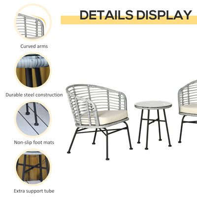 3 Piece Patio Bistro Set, PE Rattan with Cushioned Barrel Chairs & Glass Coffee Table, Conversation Set, Cream White