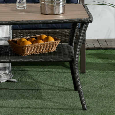 Outdoor Patio PE Rattan Coffee Table with Storage Shelf, Wicker Side Table with Wood-Plastic Composite Top, Mixed Brown