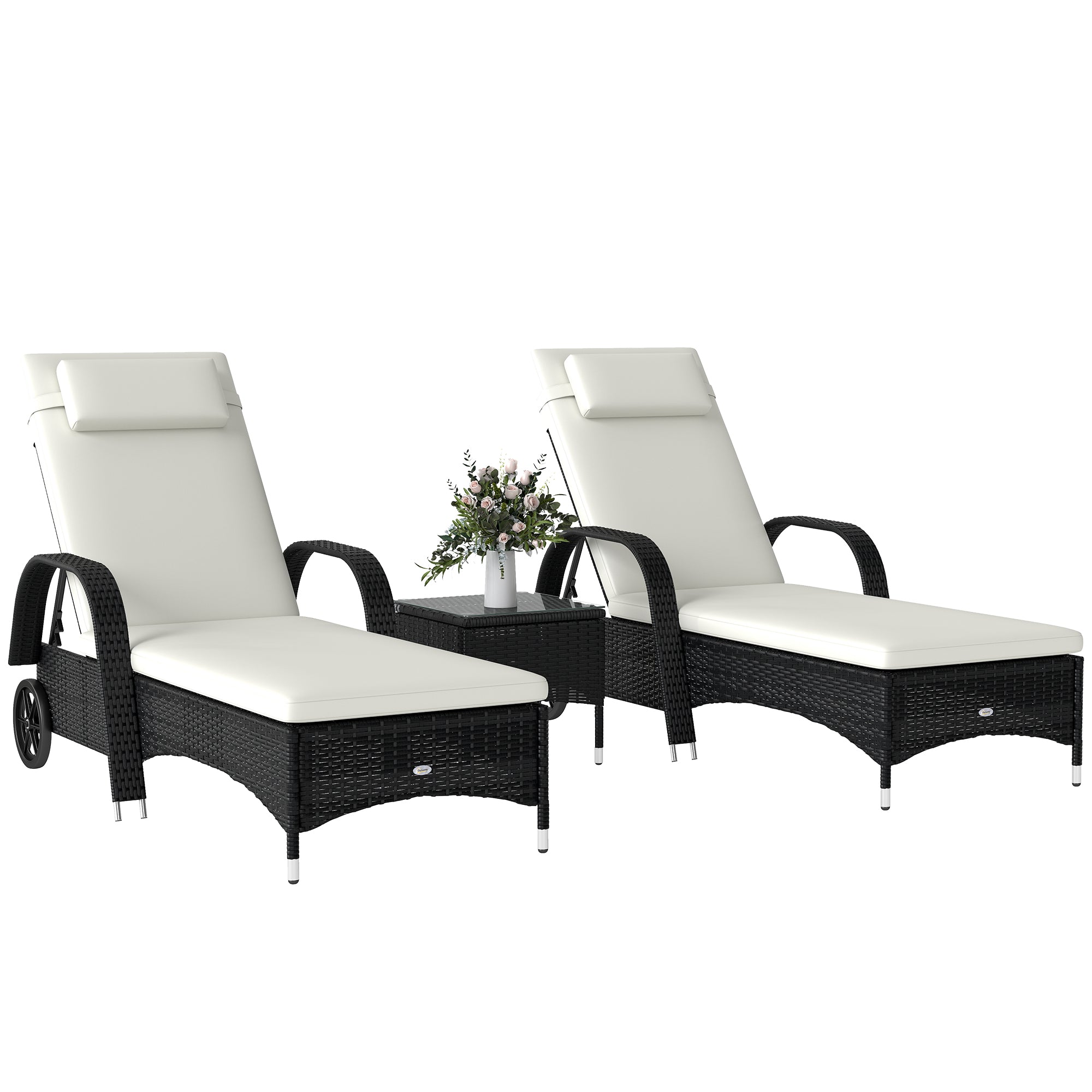 Wicker Outdoor Chaise Lounge Chair Set of 3 with Side Table, 5-Level Adjustable Backrest PE Rattan Pool Lounge Chair with Wheels, Cushion & Headrest, Black and Cream White