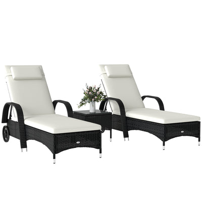 Wicker Outdoor Chaise Lounge Chair Set of 3 with Side Table, 5-Level Adjustable Backrest PE Rattan Pool Lounge Chair with Wheels, Cushion & Headrest, Black and Cream White