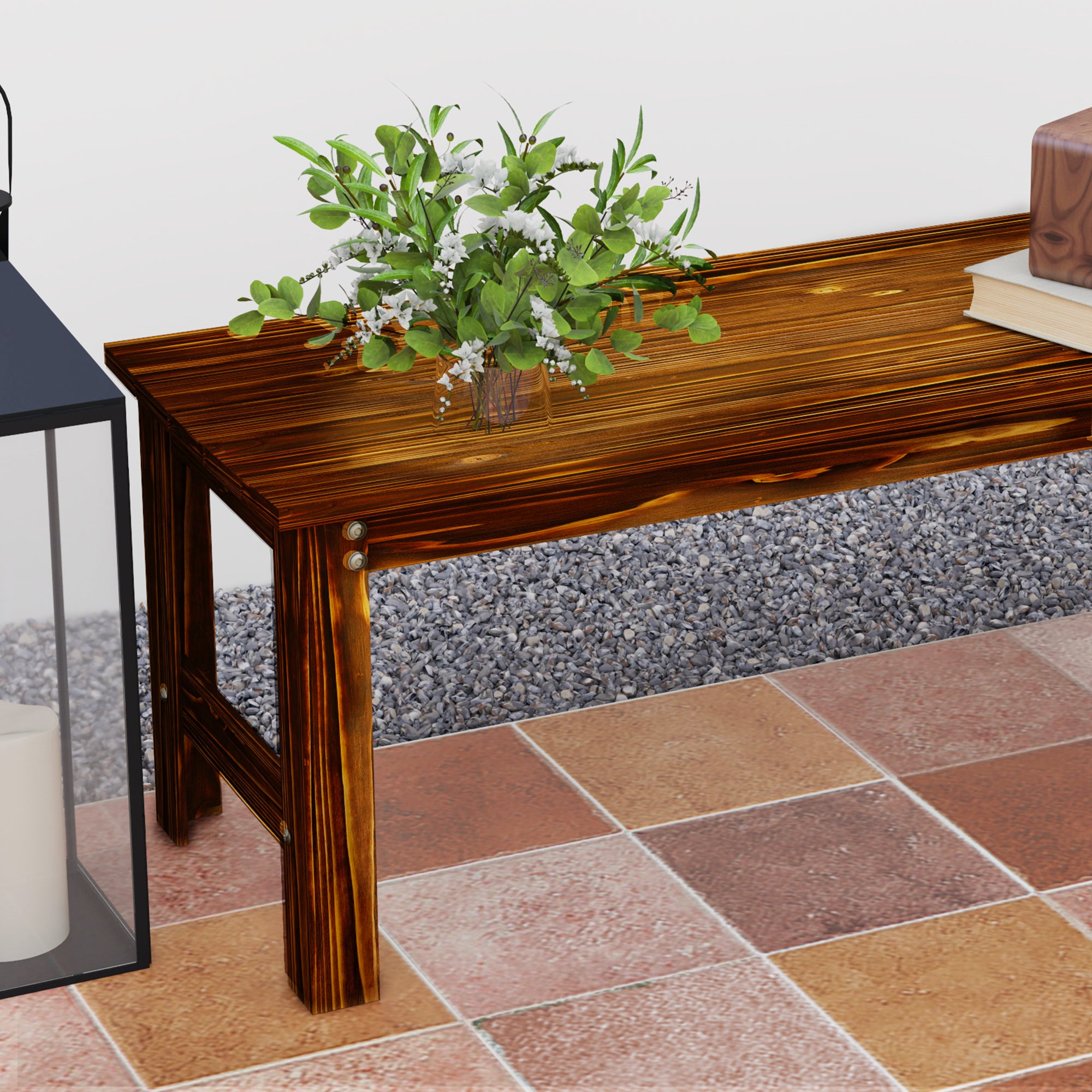 2-Seat Wood Garden Bench, Patio Bench Outdoor Bench with Slatted Seat, Backless Front Porch Bench for Park, Garden, Poolside, Deck, Carbonized