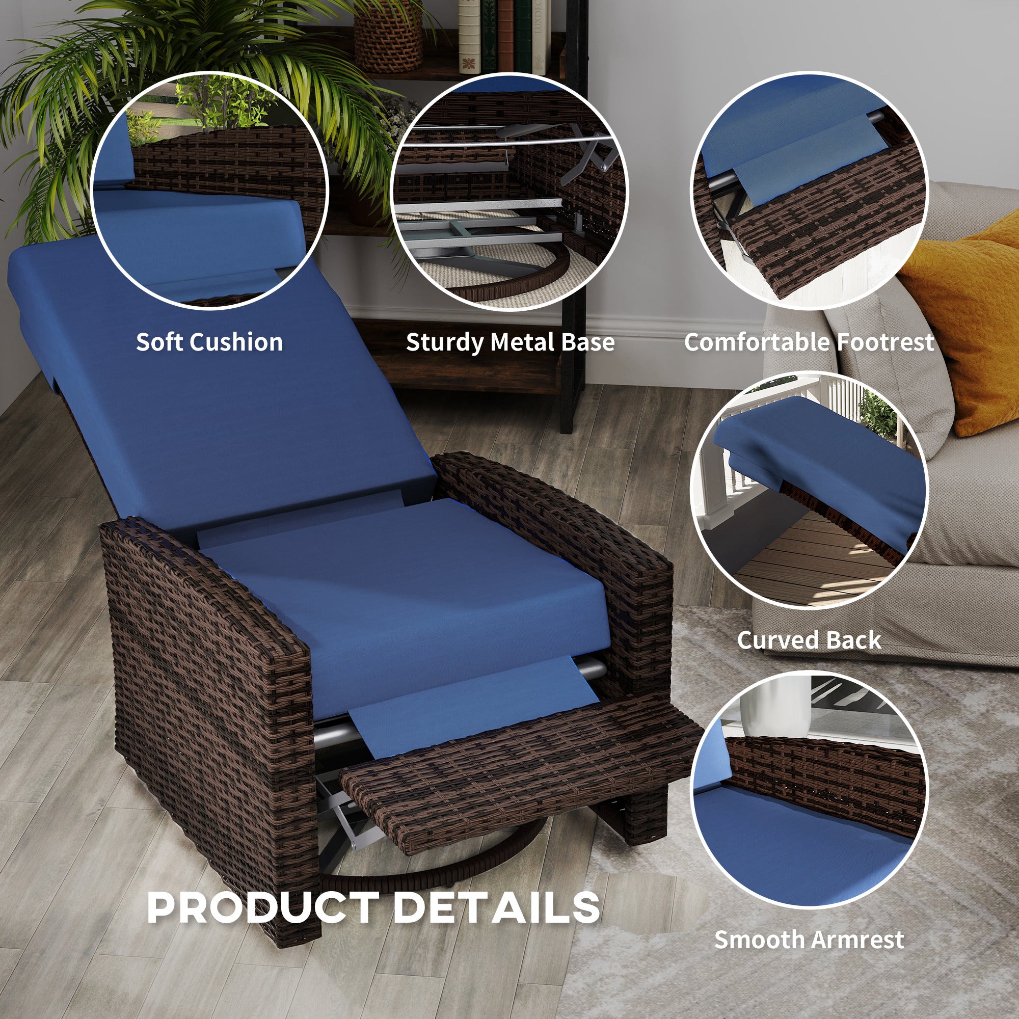 Outdoor Wicker Swivel Recliner Chair, Lifting Footrest, 360° Rotating Basic, Water-resistant Cushions, Dark