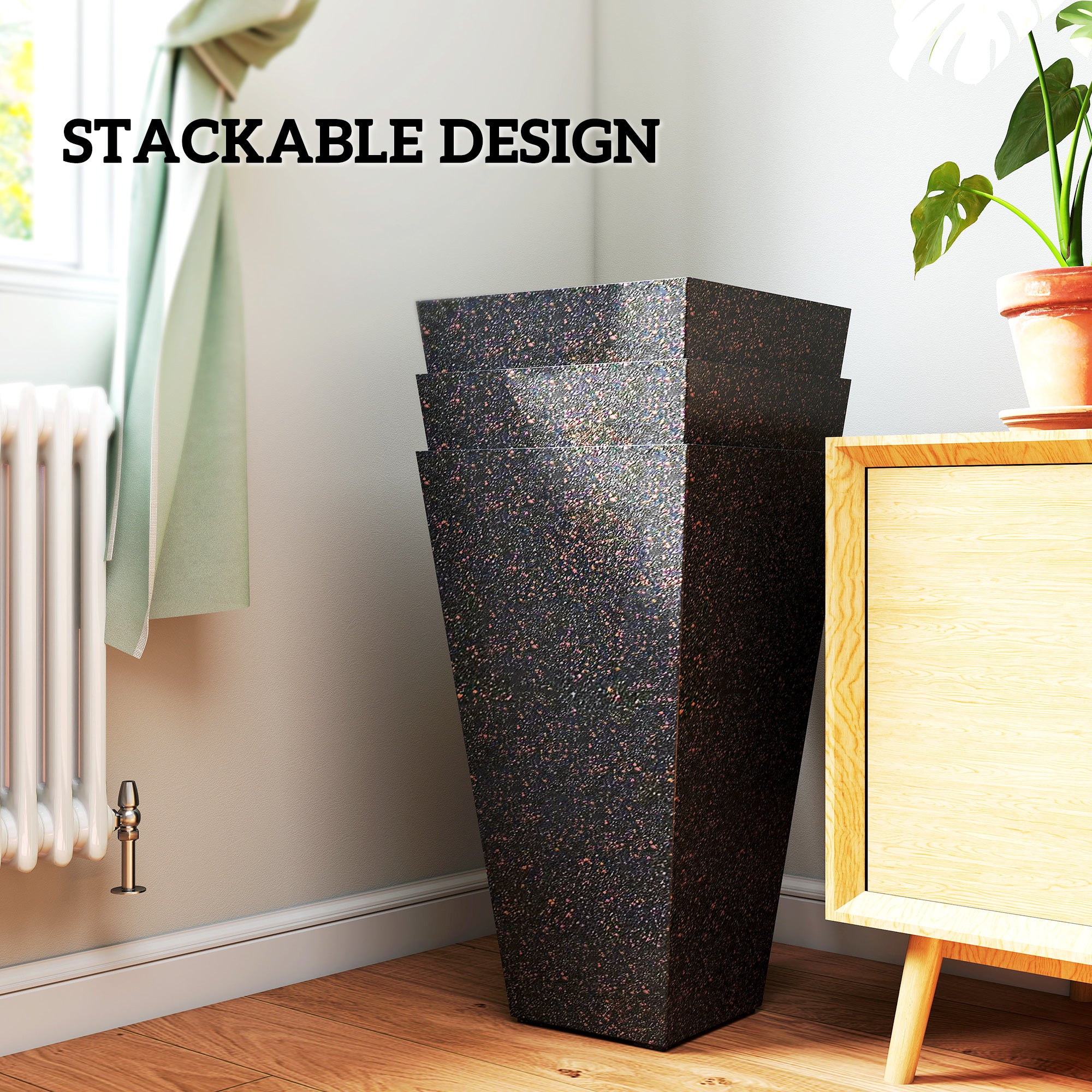 28" Tall Planters, Set of 3 Plastic Flower Pots with Marble Finish and Drainage Holes, Stackable Taper Planters