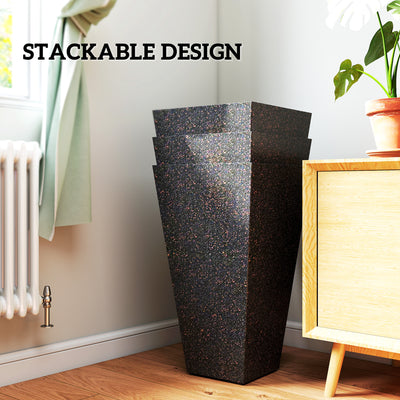 28" Tall Planters, Set of 3 Plastic Flower Pots with Marble Finish and Drainage Holes, Stackable Taper Planters