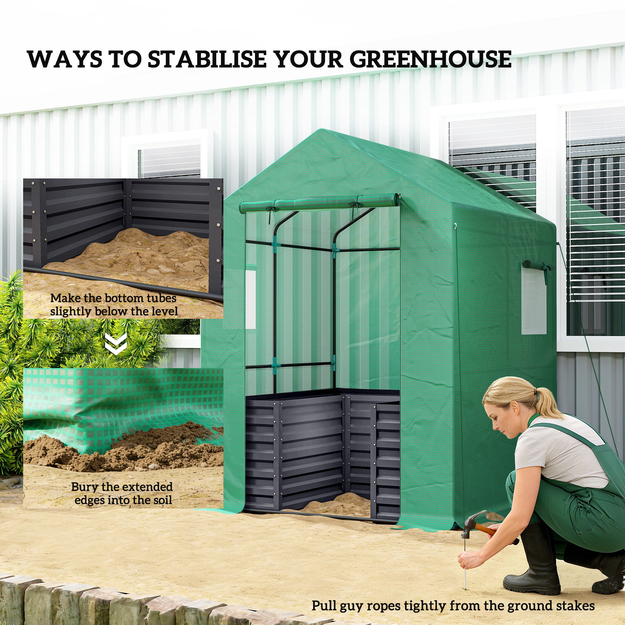 Greenhouse with Raised Garden Bed, Galvanized Steel Outdoor Greenhouse with Roll Up Door, 56" x 56" x 75"