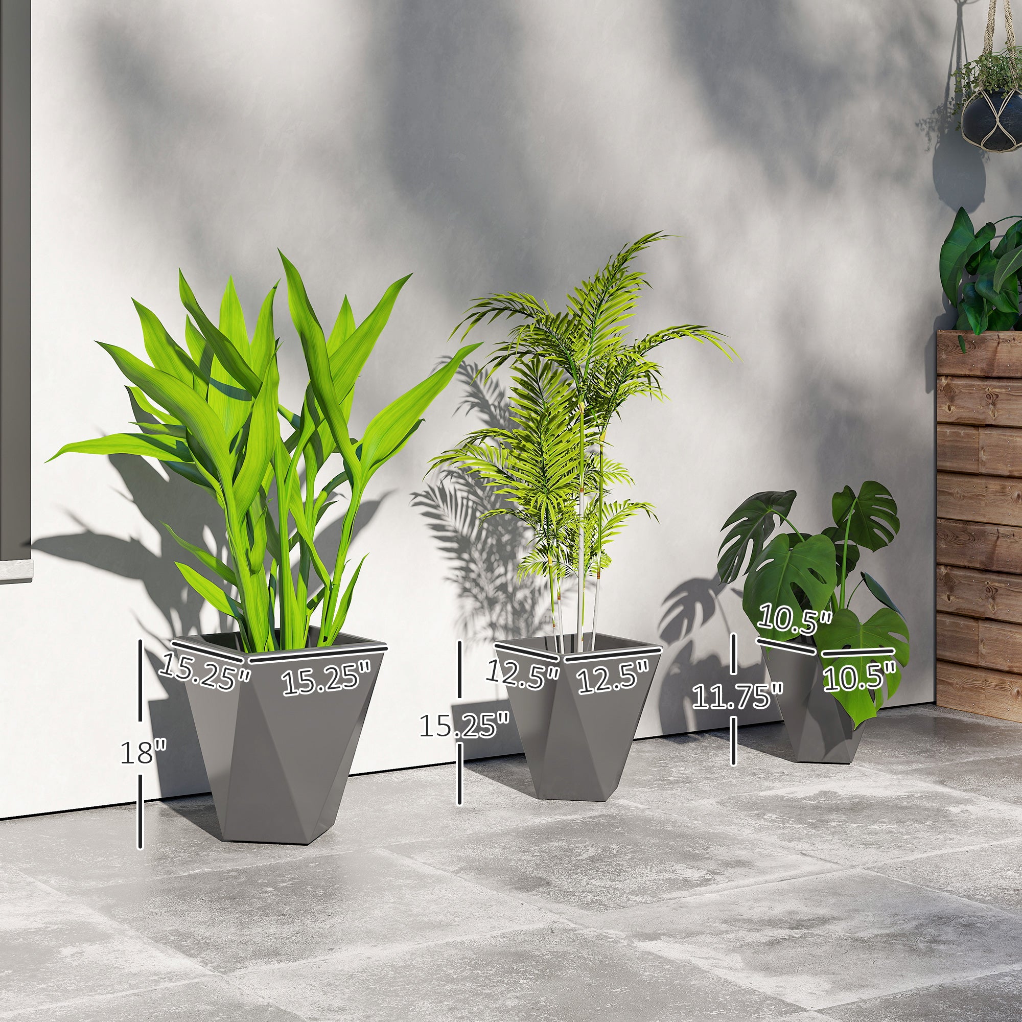 Indoor Outdoor Planters Set of 3 MgO Tall Planters Stackable Flower Pots with Drainage Holes for Garden, Balcony, Gray