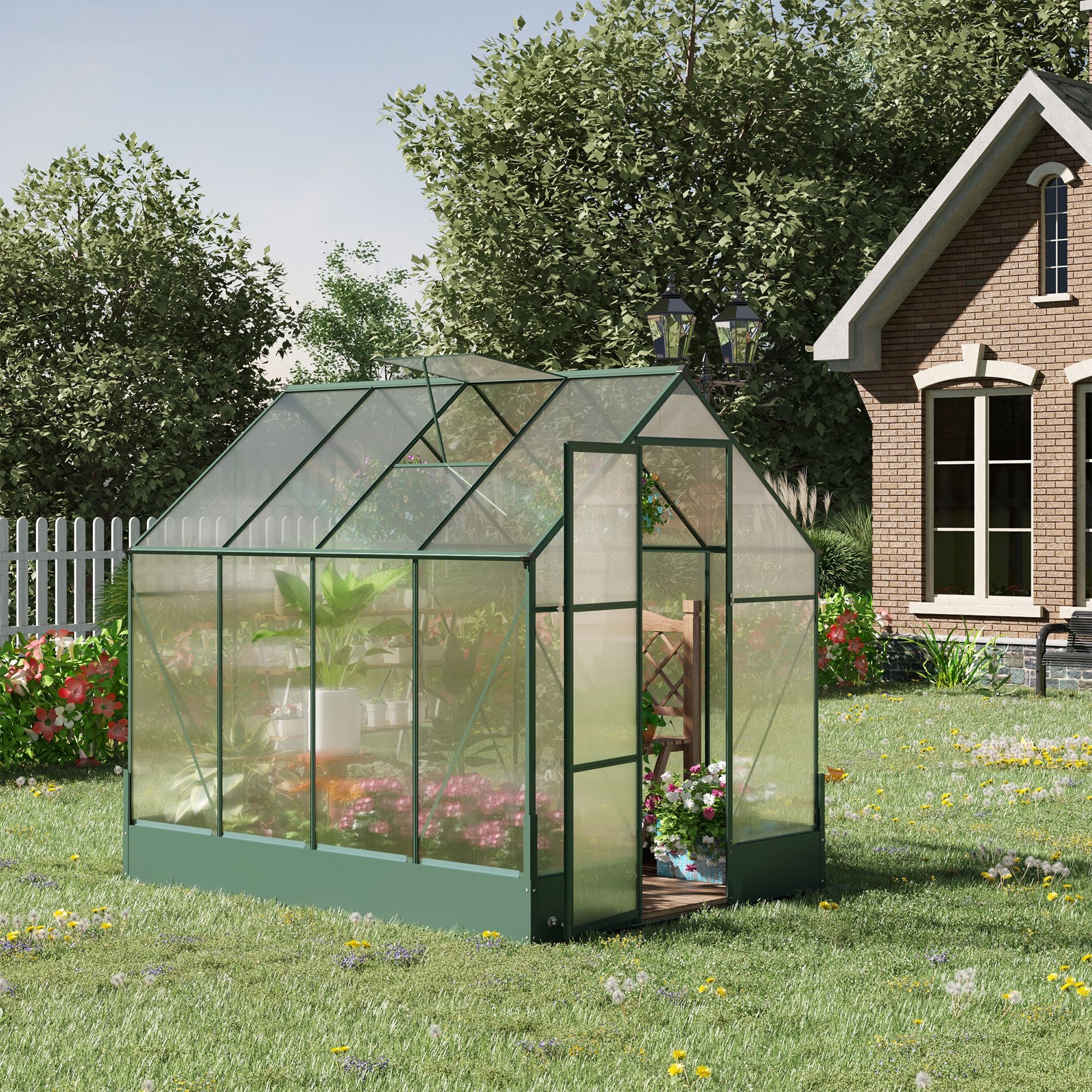 8' x 6' Greenhouse for Outdoors, Polycarbonate Greenhouse with Roof Vent and Rain Gutter, Aluminum Walk-in for Outside for Patio Backyard Garden, Green