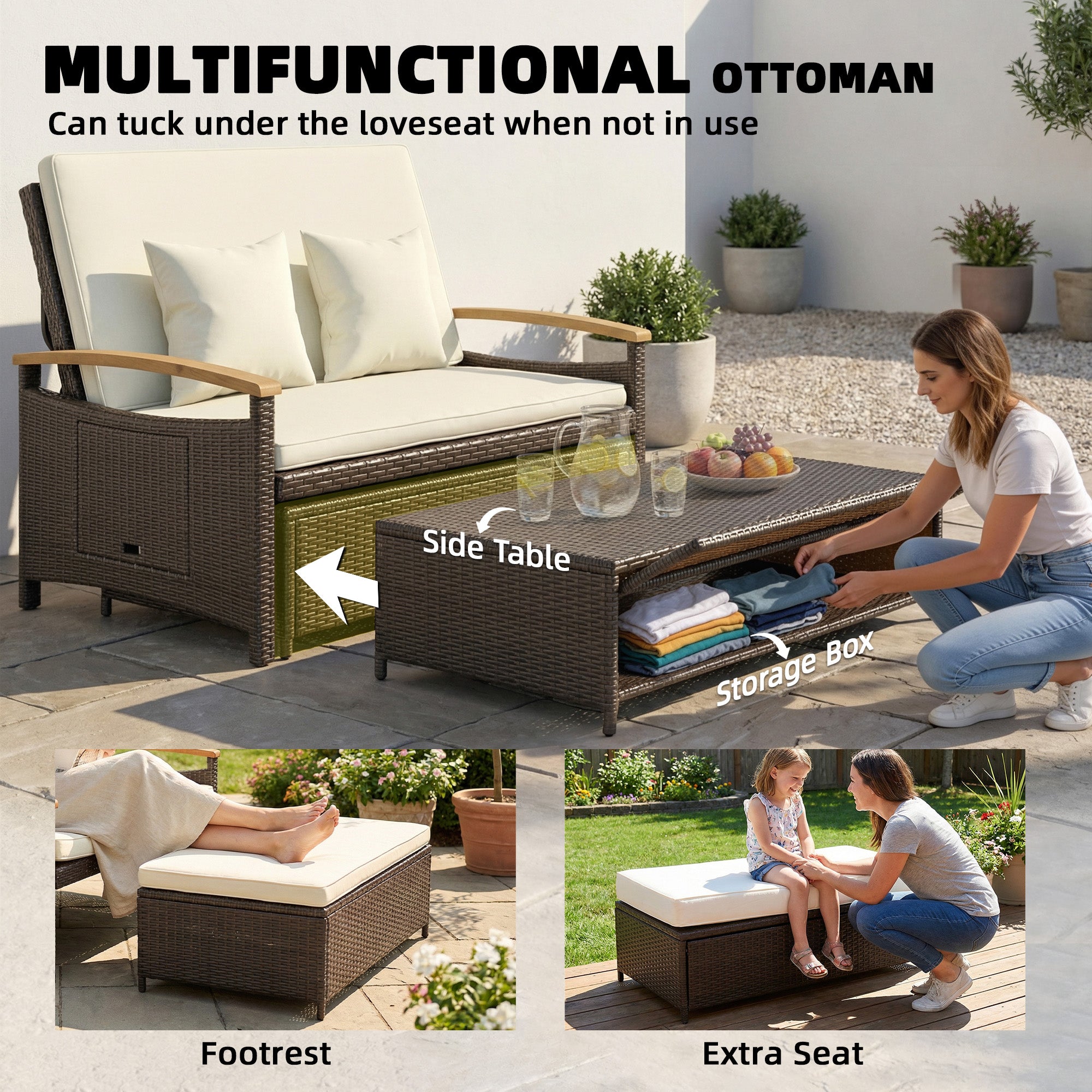 Rattan Outdoor Daybed w/4-Level Adjustable Backrest, Patio Sofa Bed w/Storage Ottoman, Acacia Wood Armrest