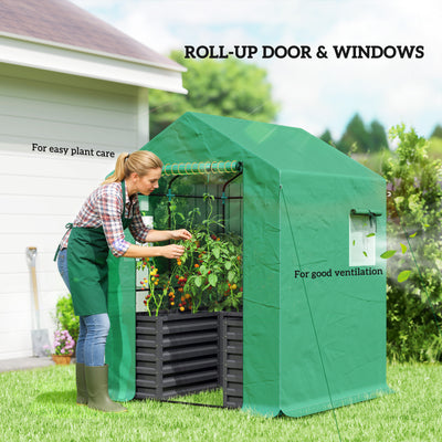 Greenhouse with Raised Garden Bed, Galvanized Steel Outdoor Greenhouse with Roll Up Door, 56" x 56" x 75"