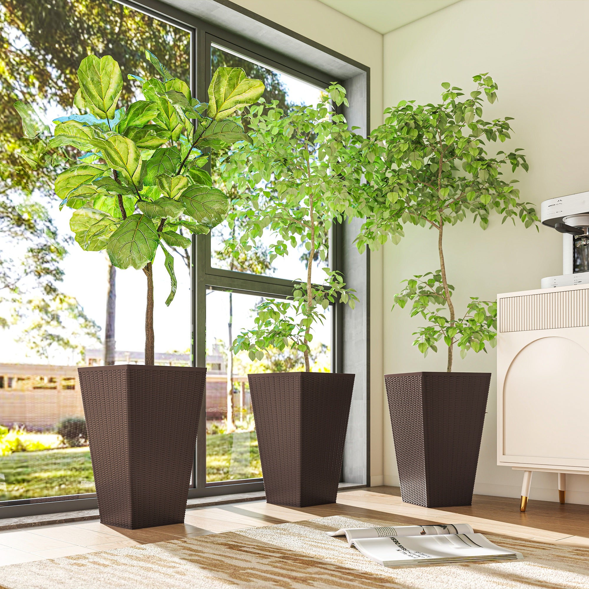 Set of 3 Tall Planters with Drainage Hole, 24" Outdoor Flower Plant Pots, Indoor Planters for Porch, Front Door, Entryway, Patio and Deck