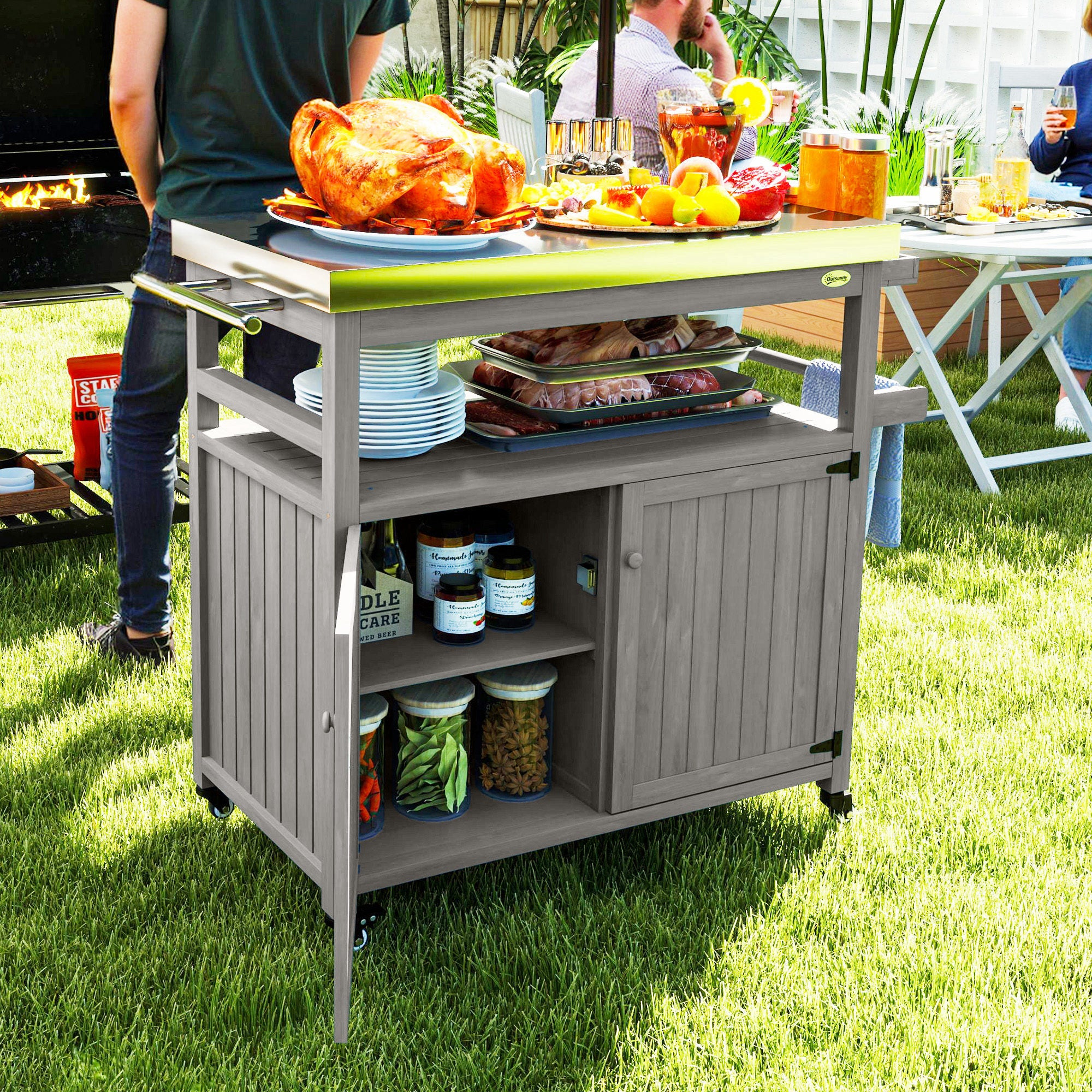 Outdoor Grill Cart w/ Stainless Steel Top, Solid Wood Outdoor Kitchen Island w/ Wheels, Storage Cabinets