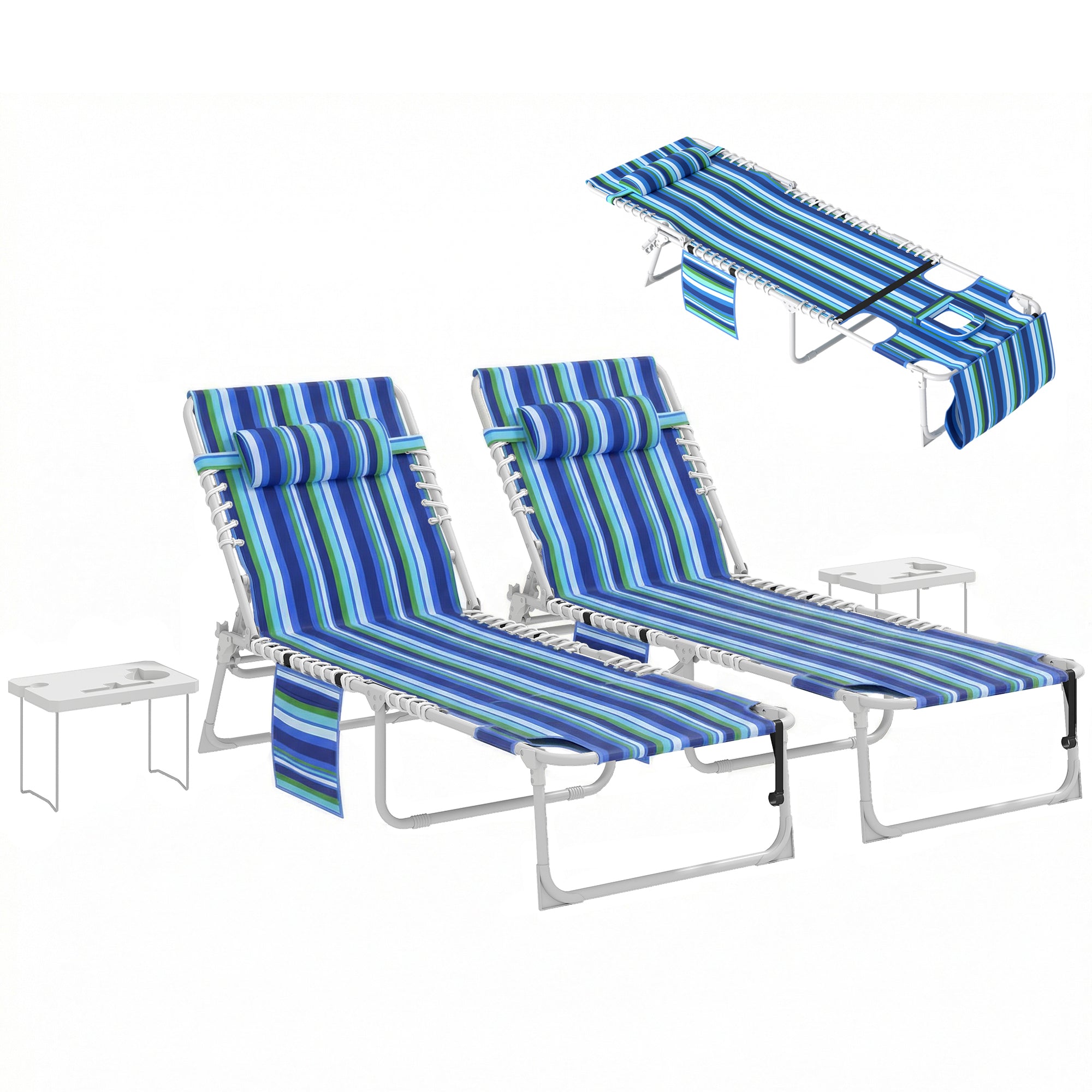 Tanning Chair Set of 2 with Face Hole and Side Table, 5-Position Folding Outdoor Chaise Lounge Chair