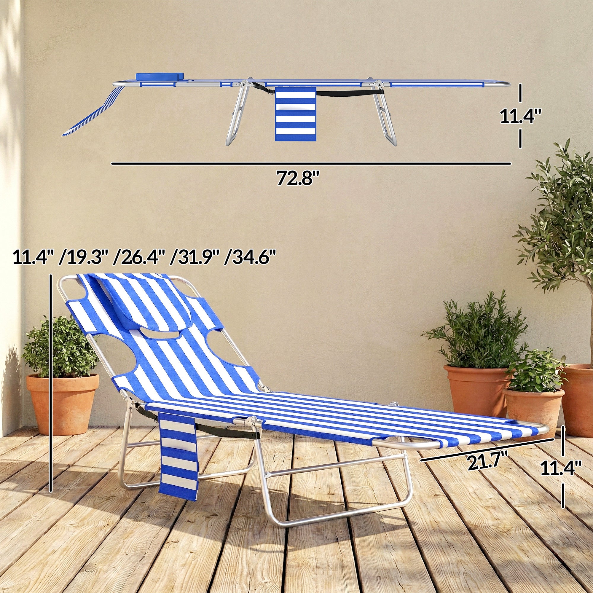 Tanning Chair with Face Hole, 5-Level Adjustable Outdoor Chaise Lounge Chair with Pillow for Beach, Pool