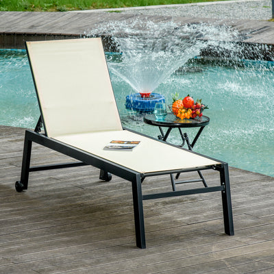 Outdoor Chaise Lounge with Wheels, Five Position Recliner for Sunbathing, Suntanning, Steel Frame, Breathable Fabric for Beach, Yard, Patio