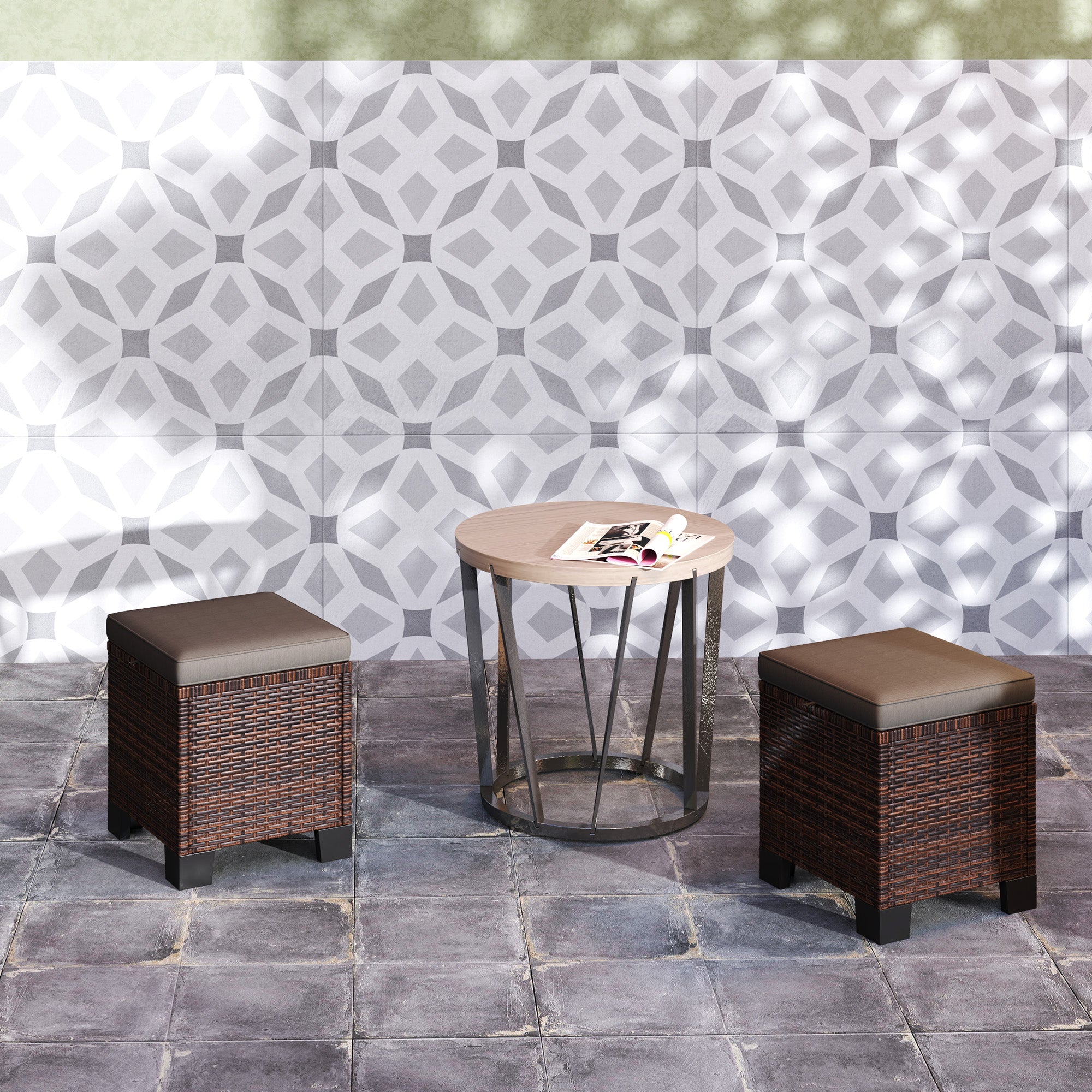 2 Piece Wicker Outdoor Ottomans with Cushions, Rattan Ottoman Footrest and Side Table for Patio, Yard, Poolside