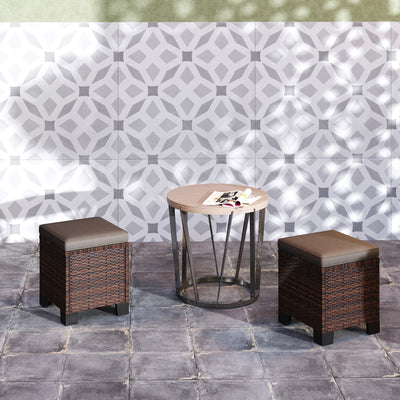 2 Piece Wicker Outdoor Ottomans with Cushions, Rattan Ottoman Footrest and Side Table for Patio, Yard, Poolside