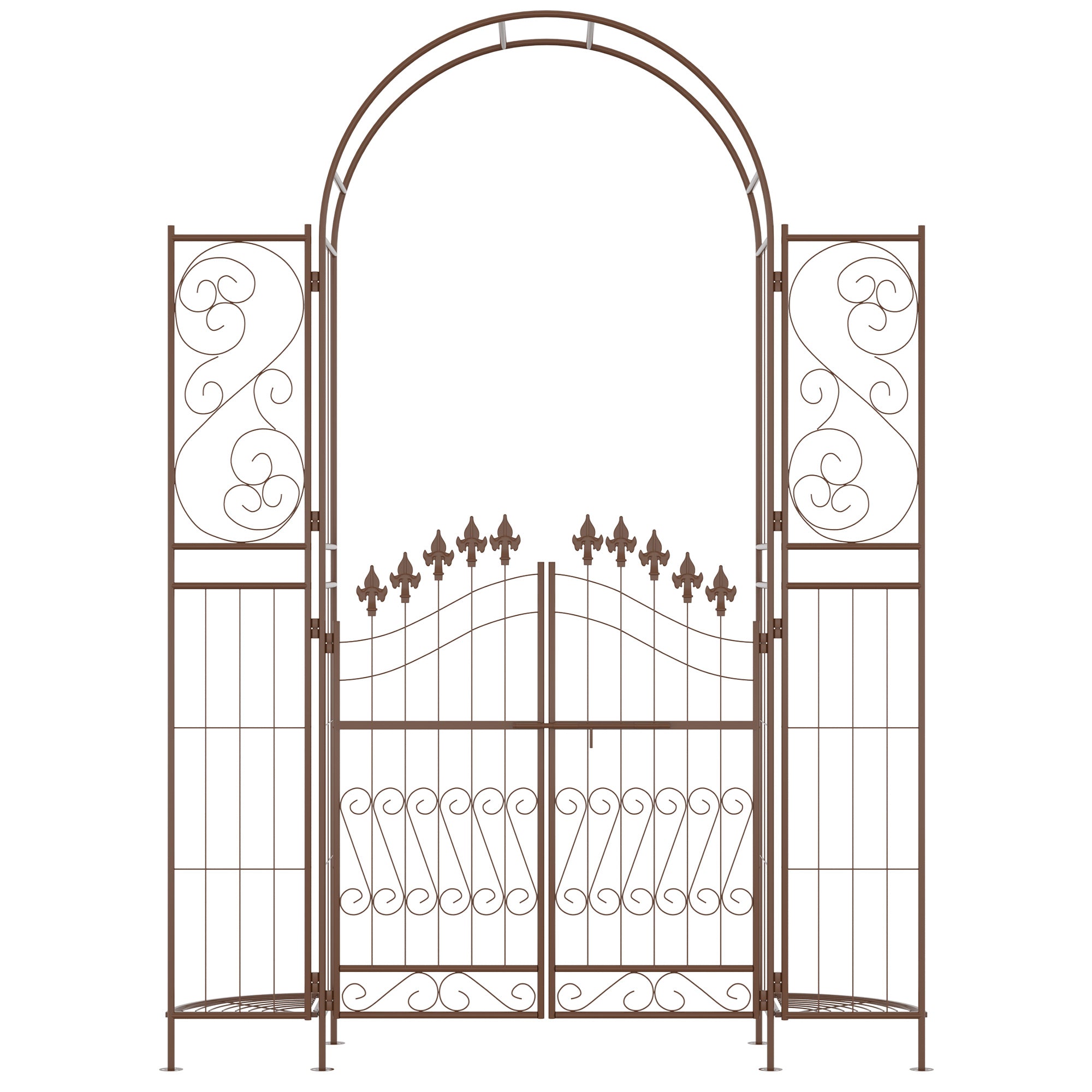 7' Metal Garden Arbor, Garden Arch with Gate, Fleur De Lis Motif, Latching Doors, Planter Shelves for Climbing Vines, Ceremony, Weddings, Party, Garden, Backyard, Lawn, Brown