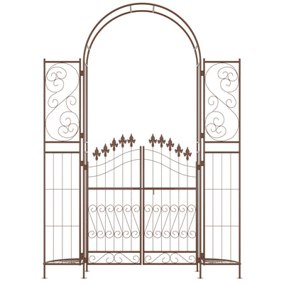 7' Metal Garden Arbor, Garden Arch with Gate, Fleur De Lis Motif, Latching Doors, Planter Shelves for Climbing Vines, Ceremony, Weddings, Party, Garden, Backyard, Lawn, Brown