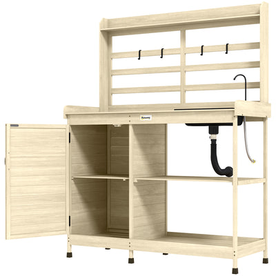 Wooden Potting Bench with Storage, Sink, Water Tap for Backyard, Patio, Balcony