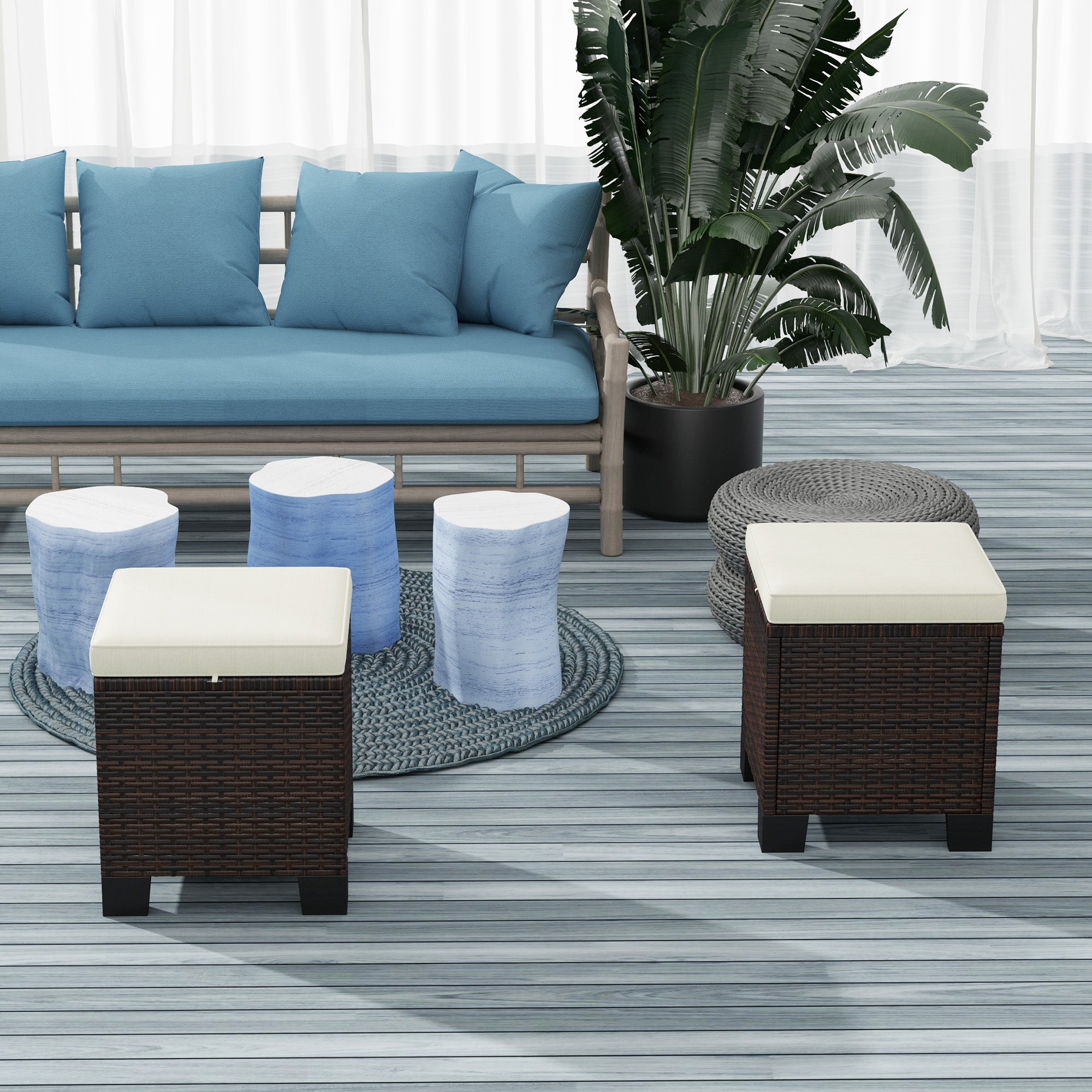 2 Piece Wicker Outdoor Ottomans with Cushions, Rattan Ottoman Footrest and Side Table for Patio, Yard, Poolside