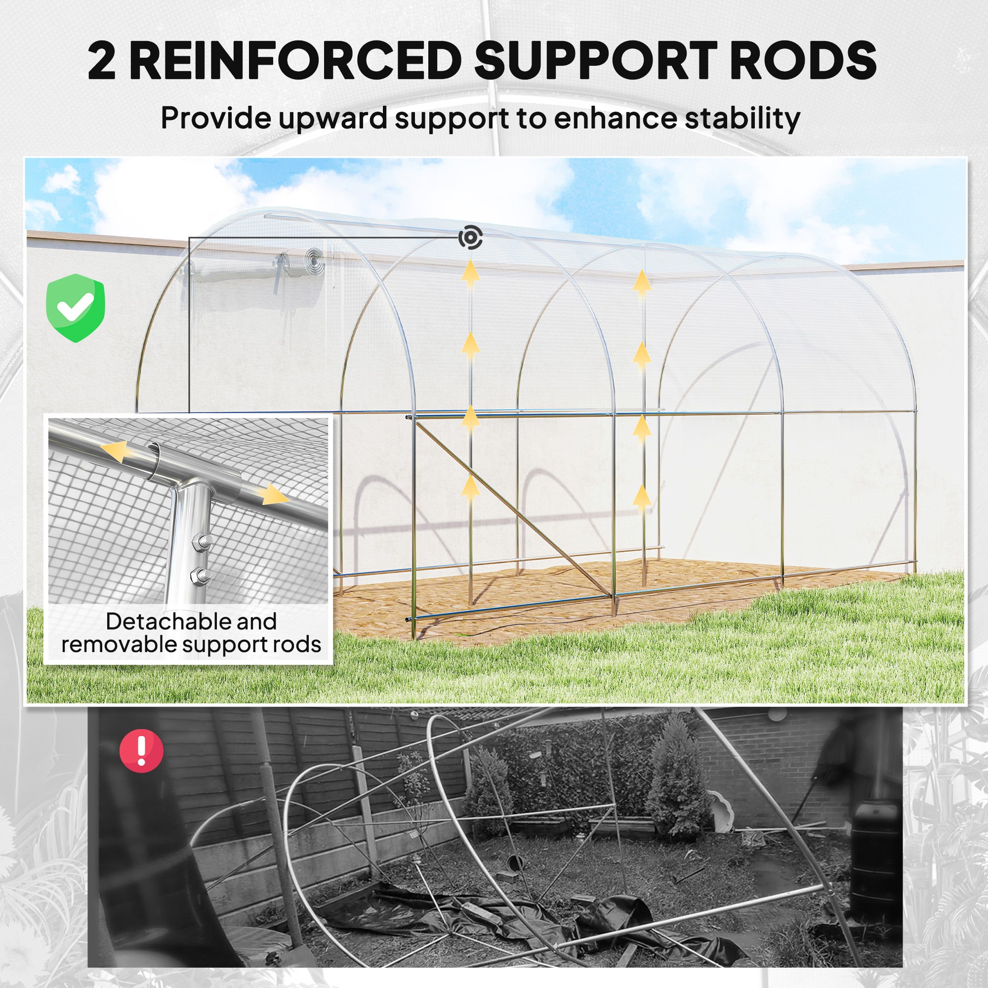 Hoop House Greenhouse, Walk-in Tunnel Greenhouse with 2 Support Rods, Zippered Roll-up Mesh Door, 14.6'x6.5'x6.6'