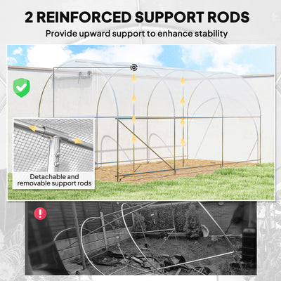 Hoop House Greenhouse, Walk-in Tunnel Greenhouse with 2 Support Rods, Zippered Roll-up Mesh Door, 14.6'x6.5'x6.6'