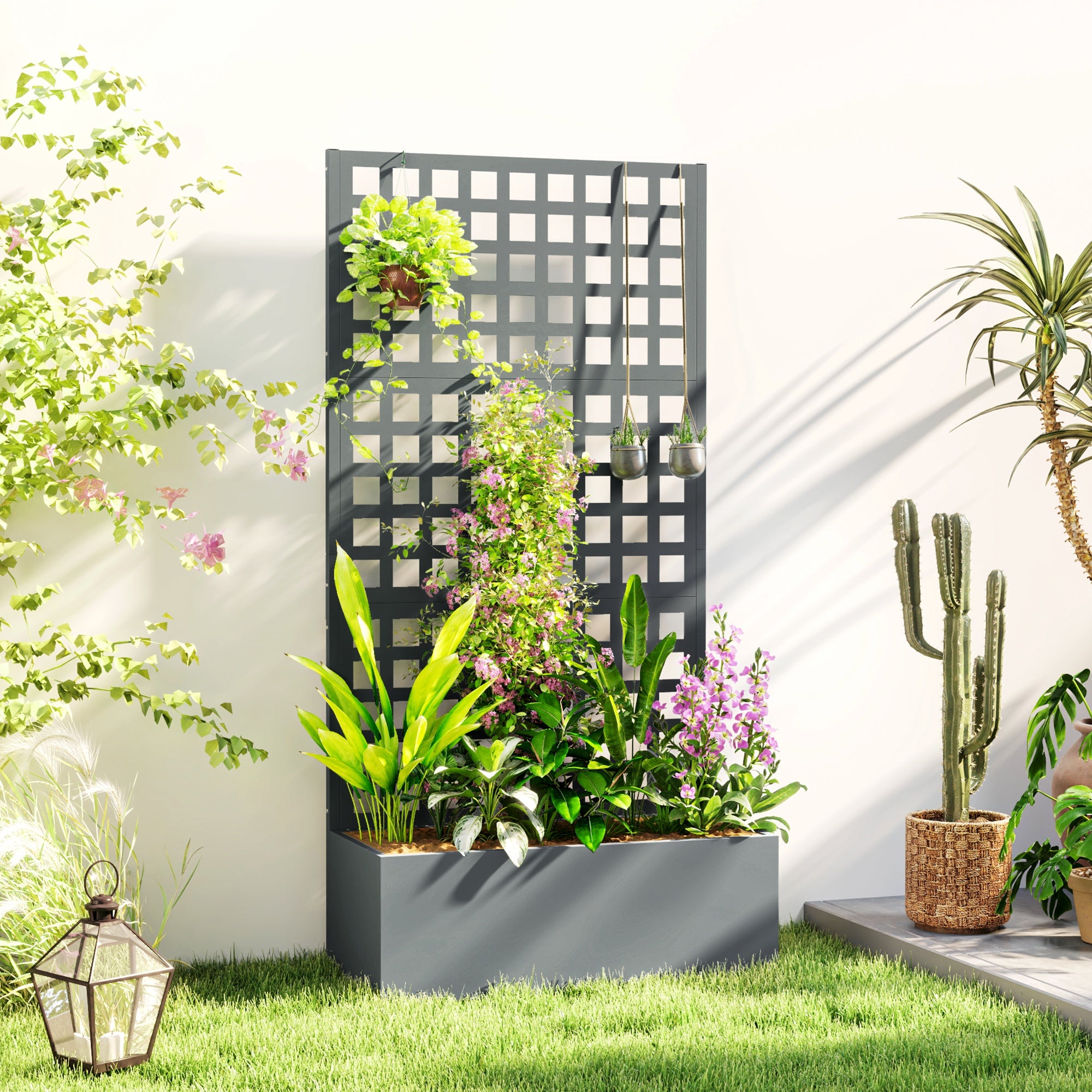 Galvanized Raised Garden Bed Planter Box with Trellis for Climbing Plants, Vegetable, Vines, 35" x 16" x 70"