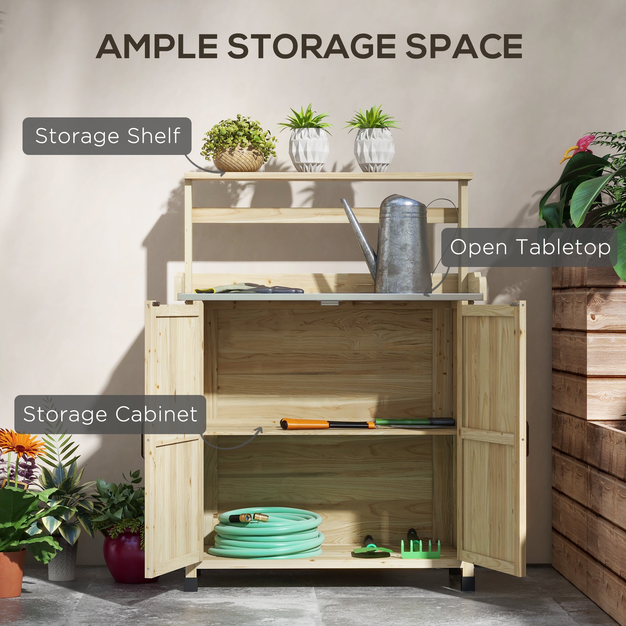 Outdoor Wooden Potting Bench with Storage Cabinet, Shelves, Galvanized Plated Tabletop for Backyard, Balcony