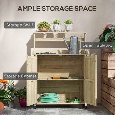 Outdoor Wooden Potting Bench with Storage Cabinet, Shelves, Galvanized Plated Tabletop for Backyard, Balcony