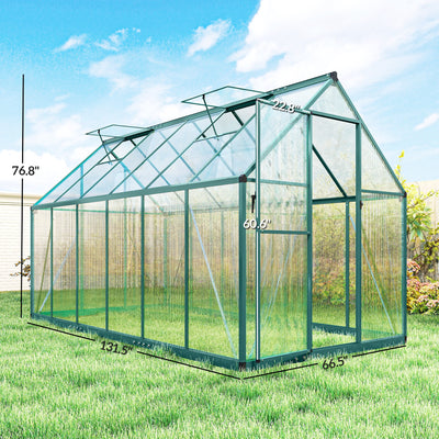 Polycarbonate Greenhouse with Swing Door and Two Adjustable Roof Vents, Aluminum Walk-in Greenhouse, 11x6 ft