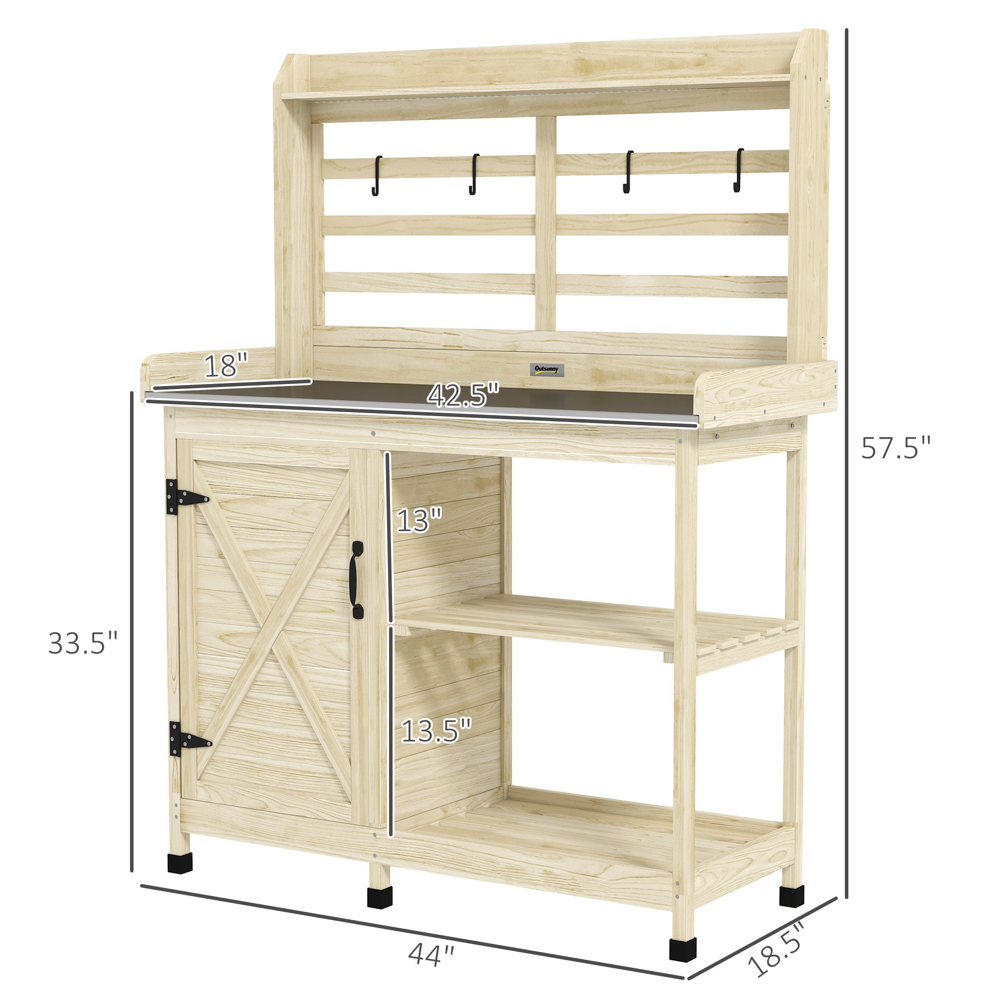 Wooden Potting Bench with Storage, Aluminum Tabletop for Backyard, Patio, Balcony