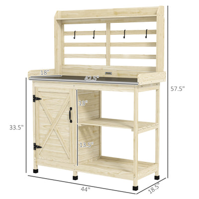 Wooden Potting Bench with Storage, Aluminum Tabletop for Backyard, Patio, Balcony