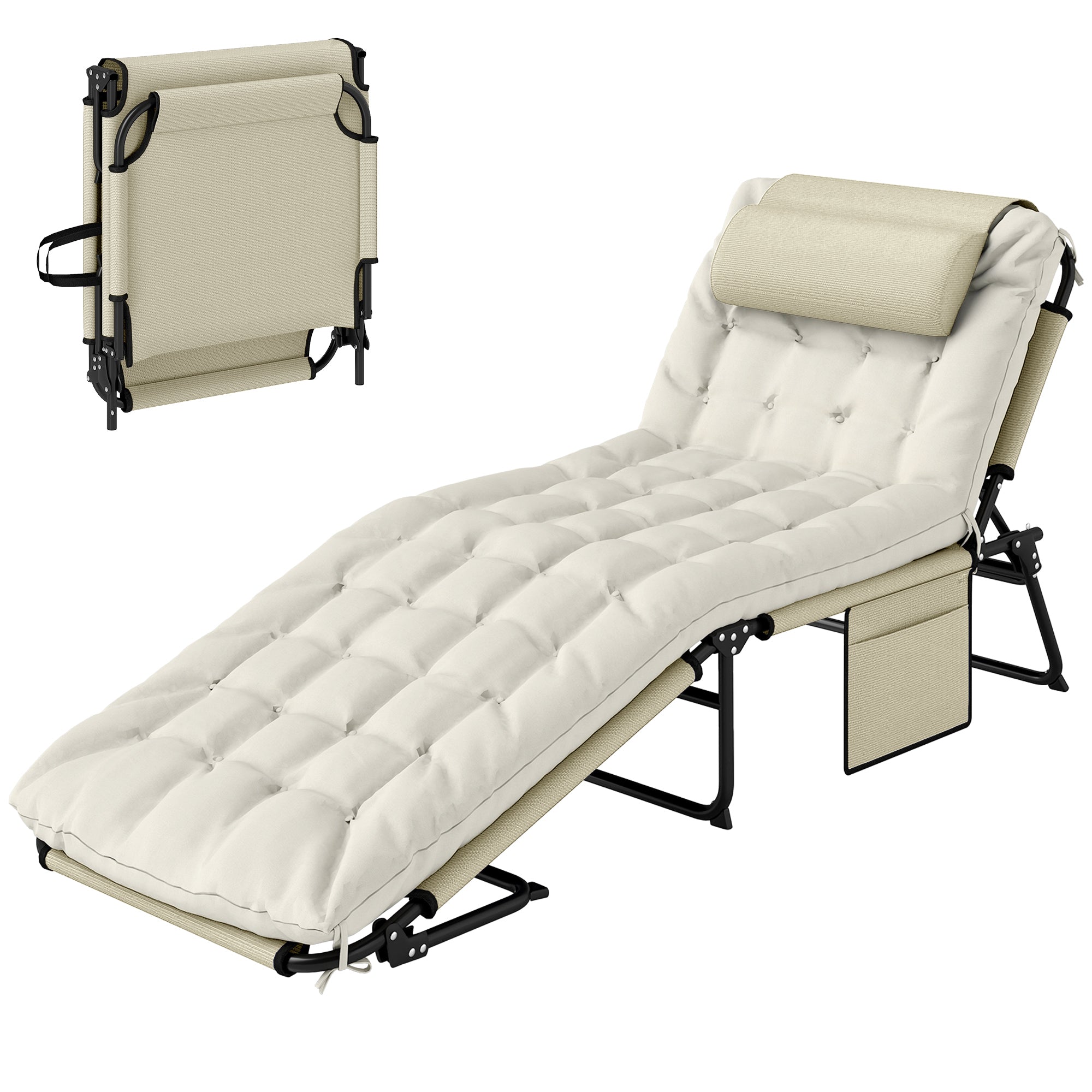 Folding Chaise Lounge Pool Chair with 4-level Reclining Back, Cushion, Side Pocket, Headrest