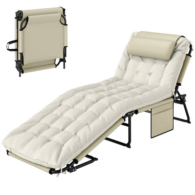 Folding Chaise Lounge Pool Chair with 4-level Reclining Back, Cushion, Side Pocket, Headrest