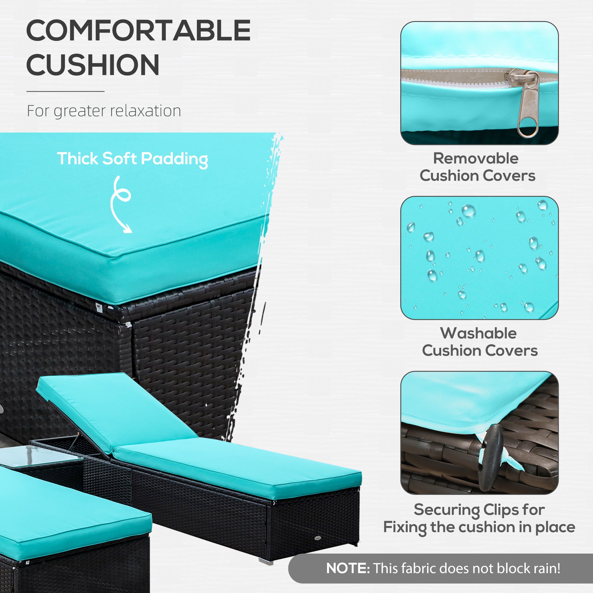 Chaise Lounge Chair Set of 2 with 5 Angle Backrest, Outdoor Coffee Table, Water Repellent Cushions, PE Rattan Wicker Poolside Chairs, 3-Piece Pool Furniture Set, Dark Brown/Turquoise