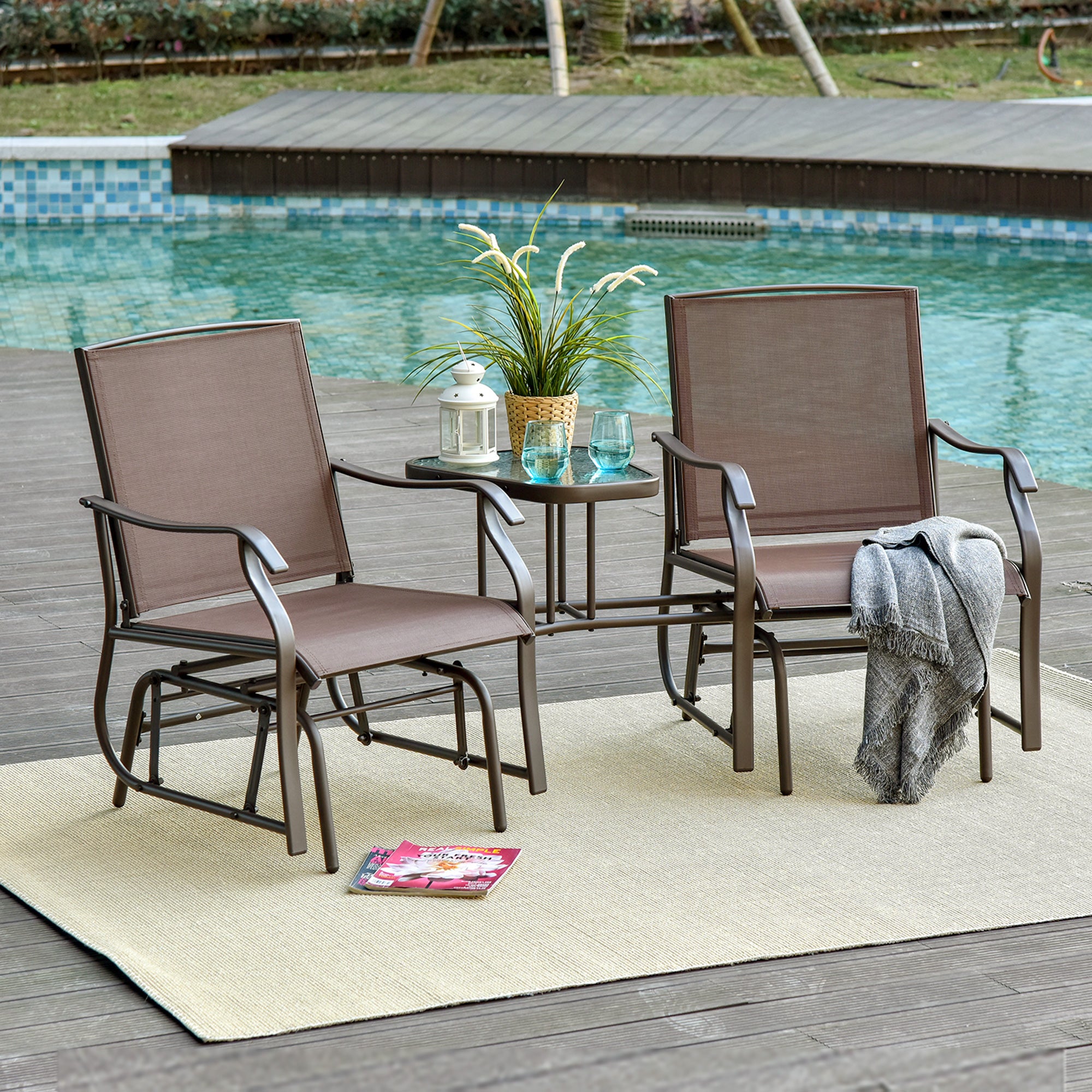 Outdoor Glider Chairs with Coffee Table, Patio 2-Seat Rocking Chair Swing Loveseat with Breathable Sling for Backyard, Garden, and Porch