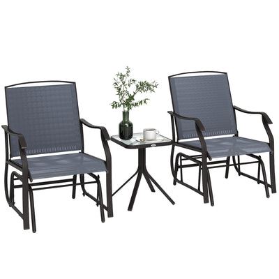 3 Piece Outdoor Glider Chair with Coffee Table Bistro Set, 2 Patio Rocking Swing Chairs with Breathable Sling Fabric, Glass Tabletop, for Backyard, Garden and Porch, Gray