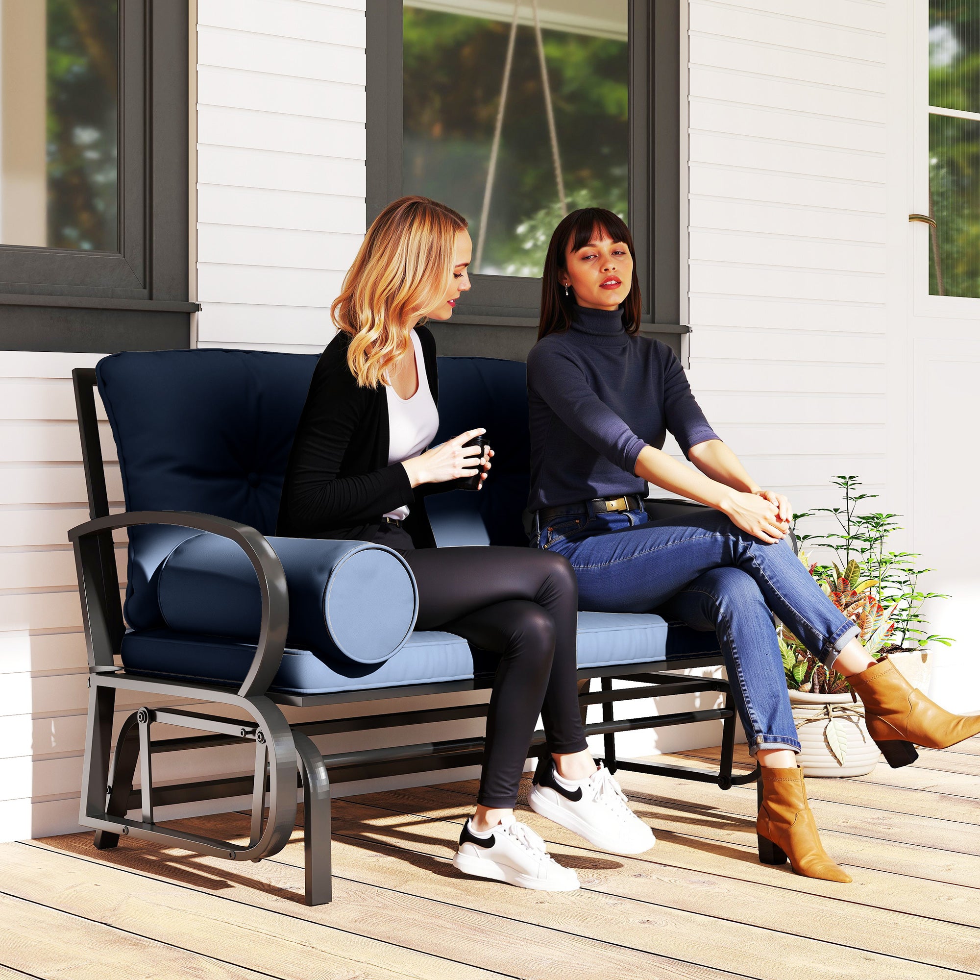 Swing Glider Rocking Chair, Double Patio Bench, 2 Person Loveseat with Steel Frame, Cushions, Pillow Armrests