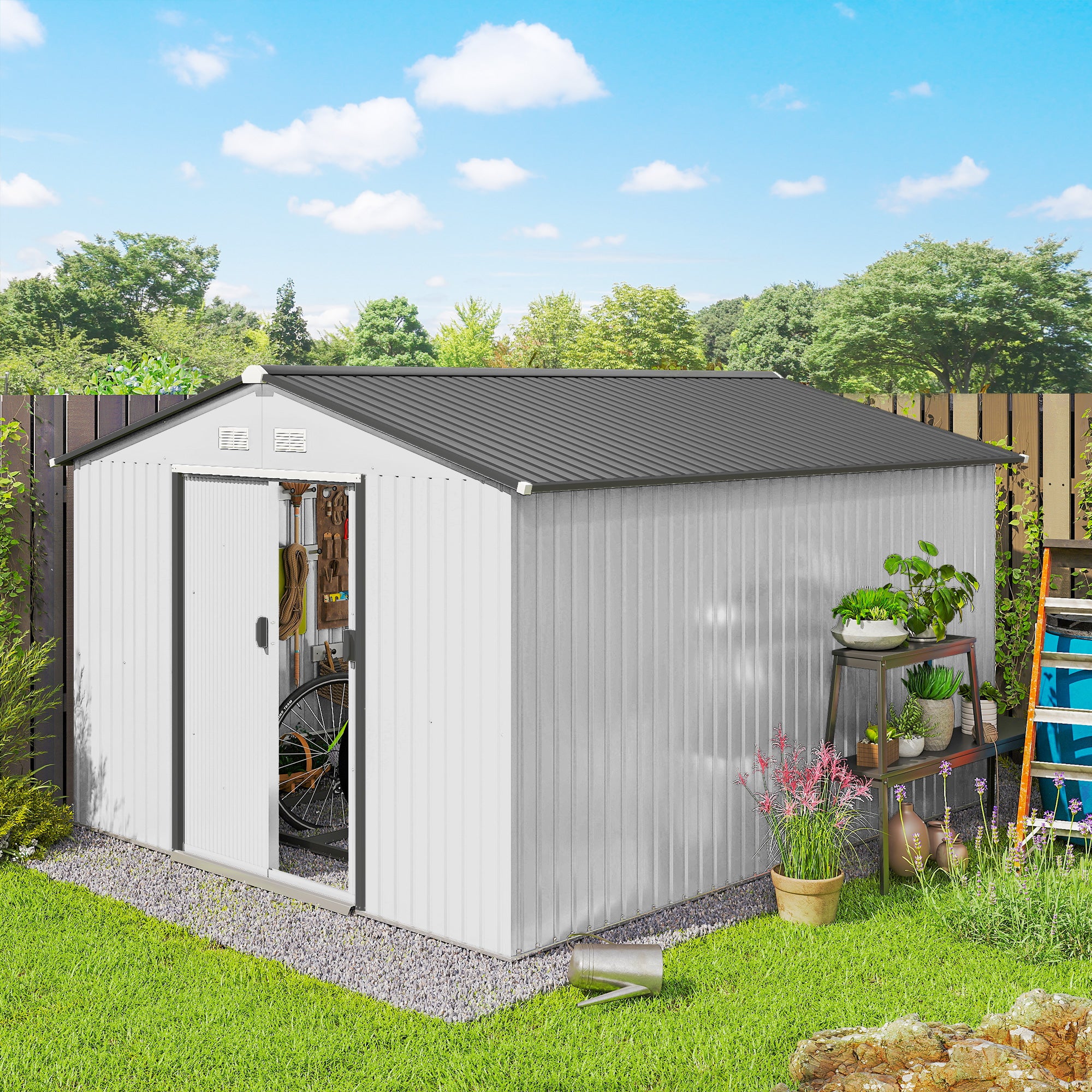 11' x 9' Outdoor Storage Shed, Garden Tool Metal Shed with Foundation Kit, Double Lockable Door, Air Vents and Sloping Roof, for Backyard, Patio, Lawn