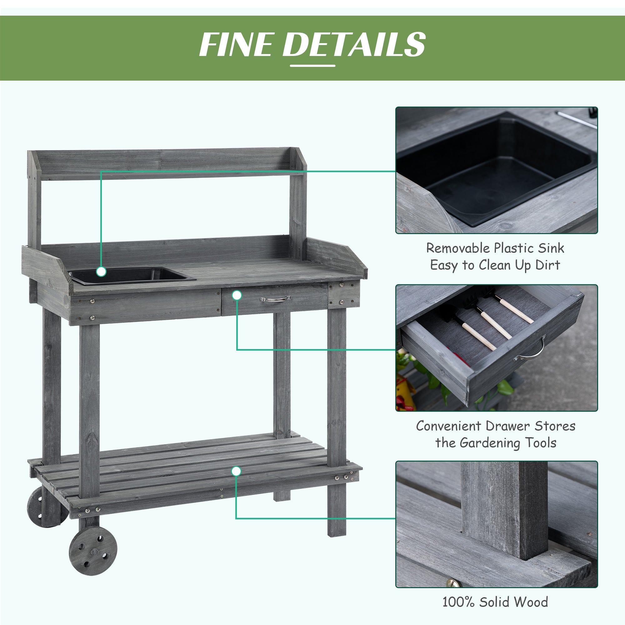 36'' Wooden Potting Bench Work Table with 2 Removable Wheels, Sink, Drawer & Large Storage Spaces
