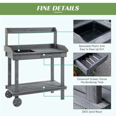 36'' Wooden Potting Bench Work Table with 2 Removable Wheels, Sink, Drawer & Large Storage Spaces