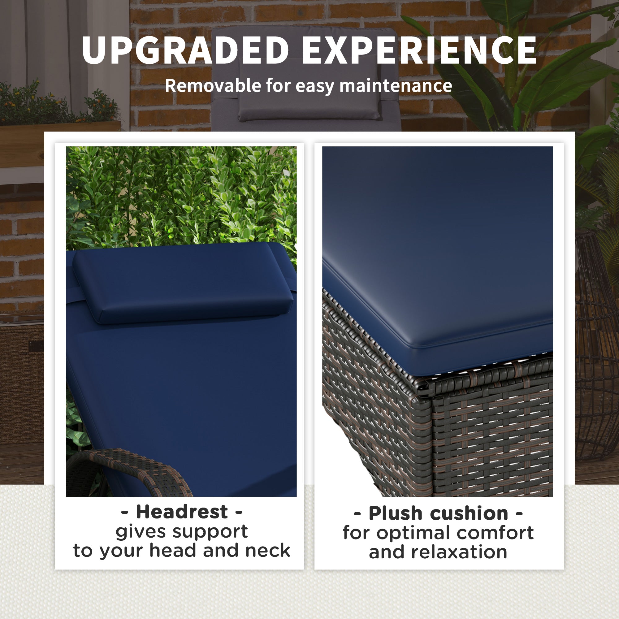 2 Reclining Chaise Lounge Chairs, Rolling Outdoor Chairs with Cushion, Pillow, Headrest, Armrests, and Wheels