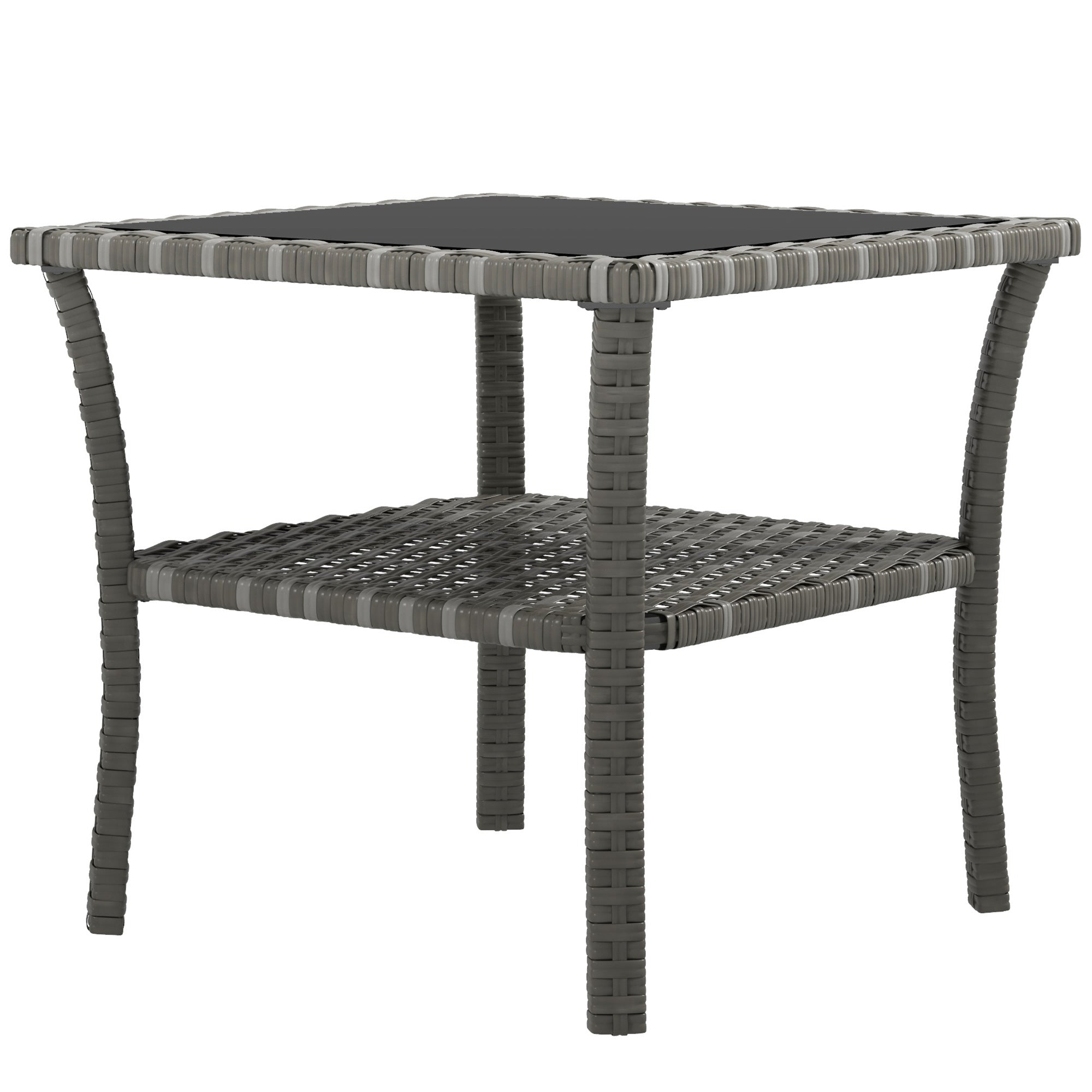 Rattan Side Table, Outdoor End Table with Storage Shelf, Aluminum Frame Square, Coffee Table with Tempered Glass Top