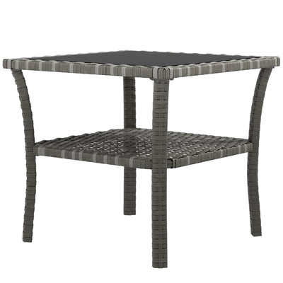 Rattan Side Table, Outdoor End Table with Storage Shelf, Aluminum Frame Square, Coffee Table with Tempered Glass Top
