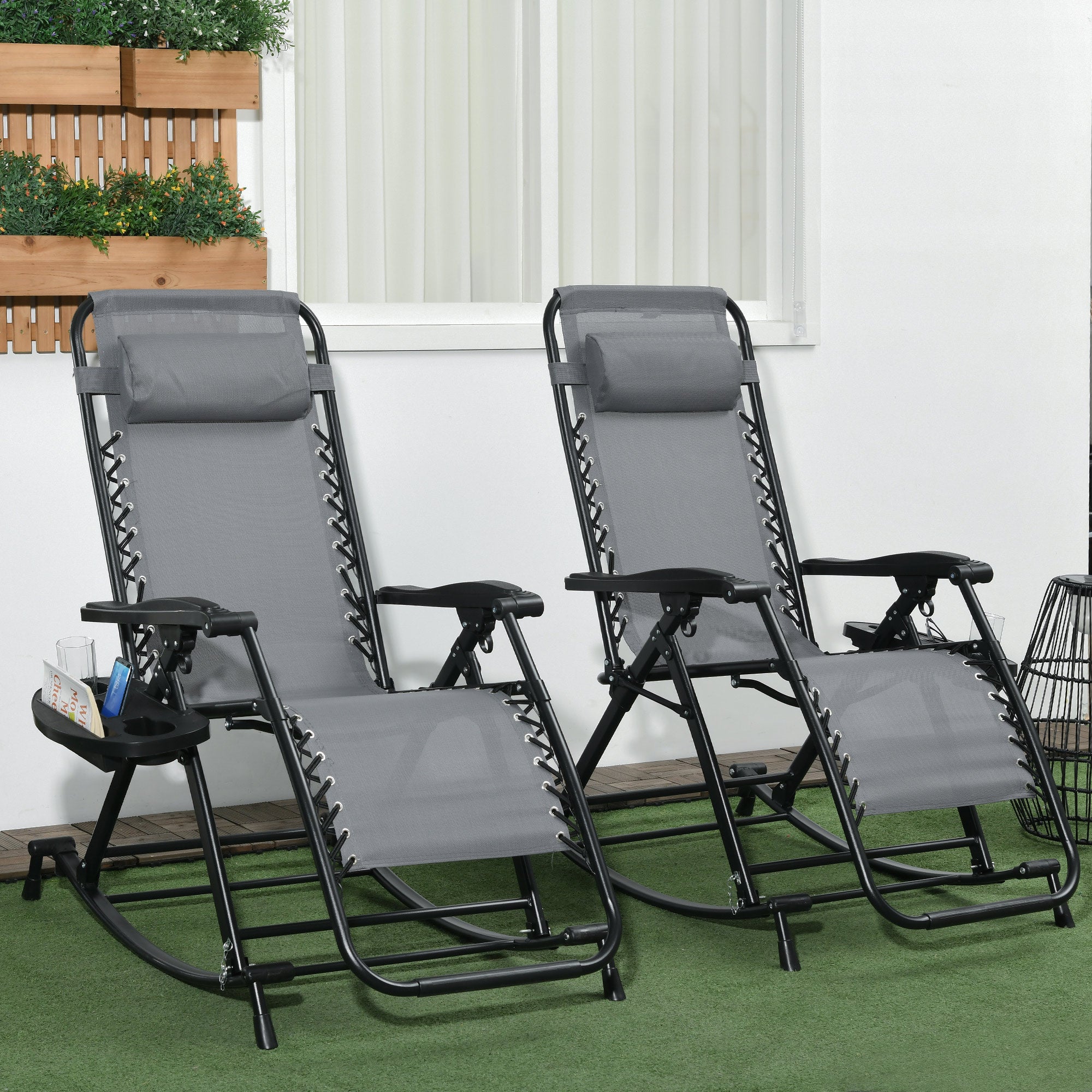 2 Outdoor Rocking Chairs Foldable Reclining Zero Gravity Lounge Rockers w/ Pillow Cup & Phone Holder