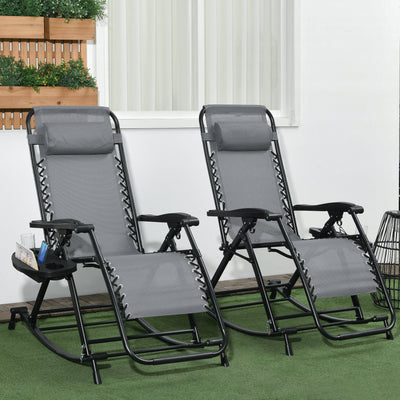 2 Outdoor Rocking Chairs Foldable Reclining Zero Gravity Lounge Rockers w/ Pillow Cup & Phone Holder