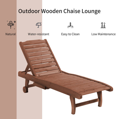 Chaise Lounge Chair Outdoor Wooden Pool Lounge Chair with 3-level Adjustable Backrest, Built-In Table and Rolling Wheels, Sun Tanning Chair for Beach Poolside Sunbathing, Brown Red